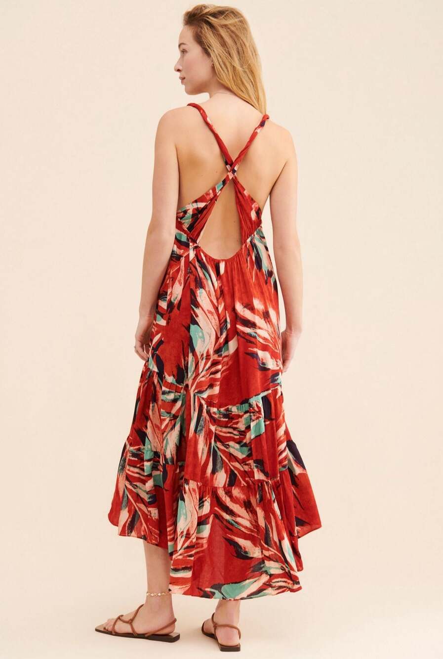 Anthropologie Red Tropical Print Deep V-Neck Tiered Maxi Dress tropical goddess - Picture 2 of 12